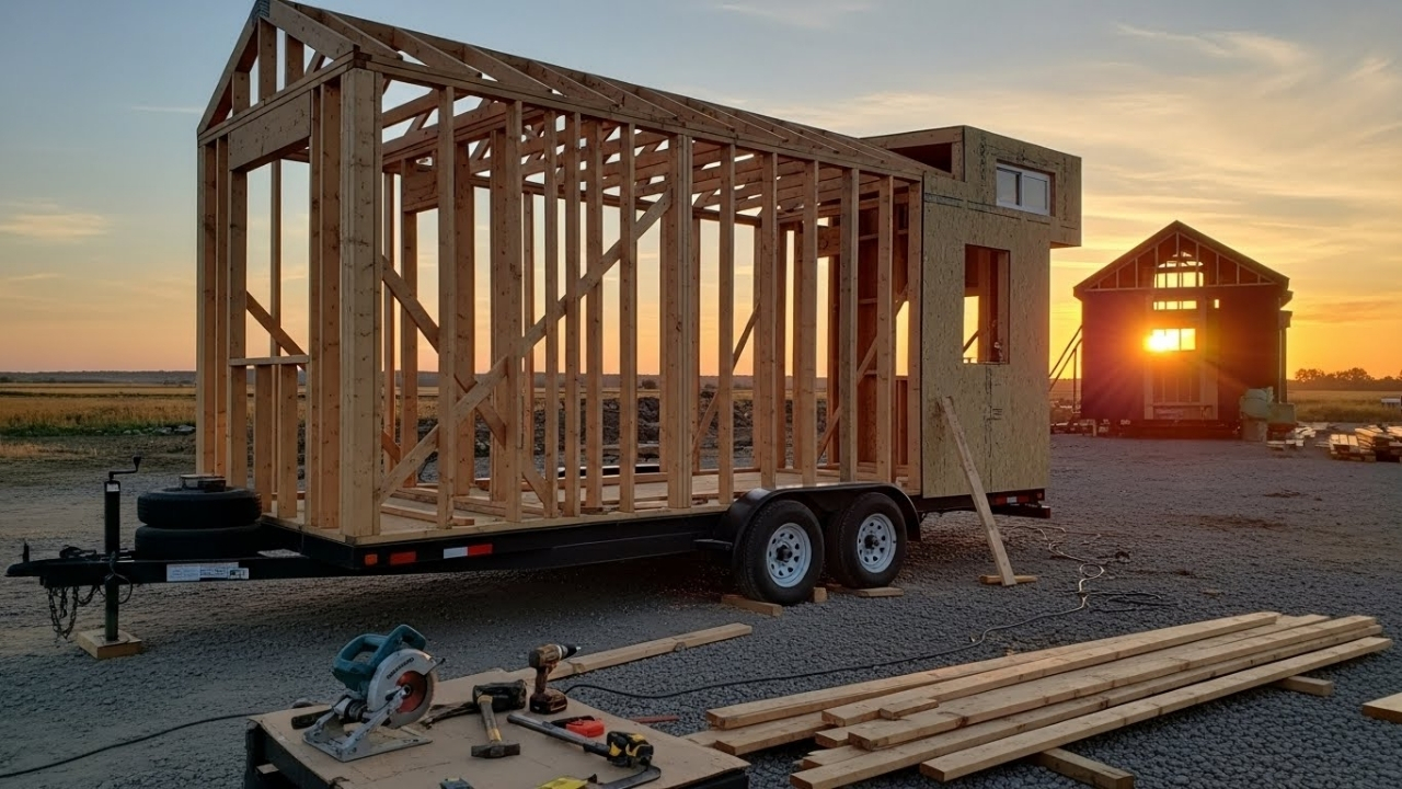 A partially built wooden tiny house frame on a trailer. Construction tools are on the ground.