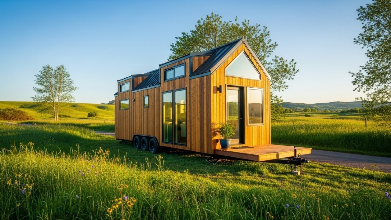 A beautiful, modern tiny house on wheels parked in a green field with a blue sky.