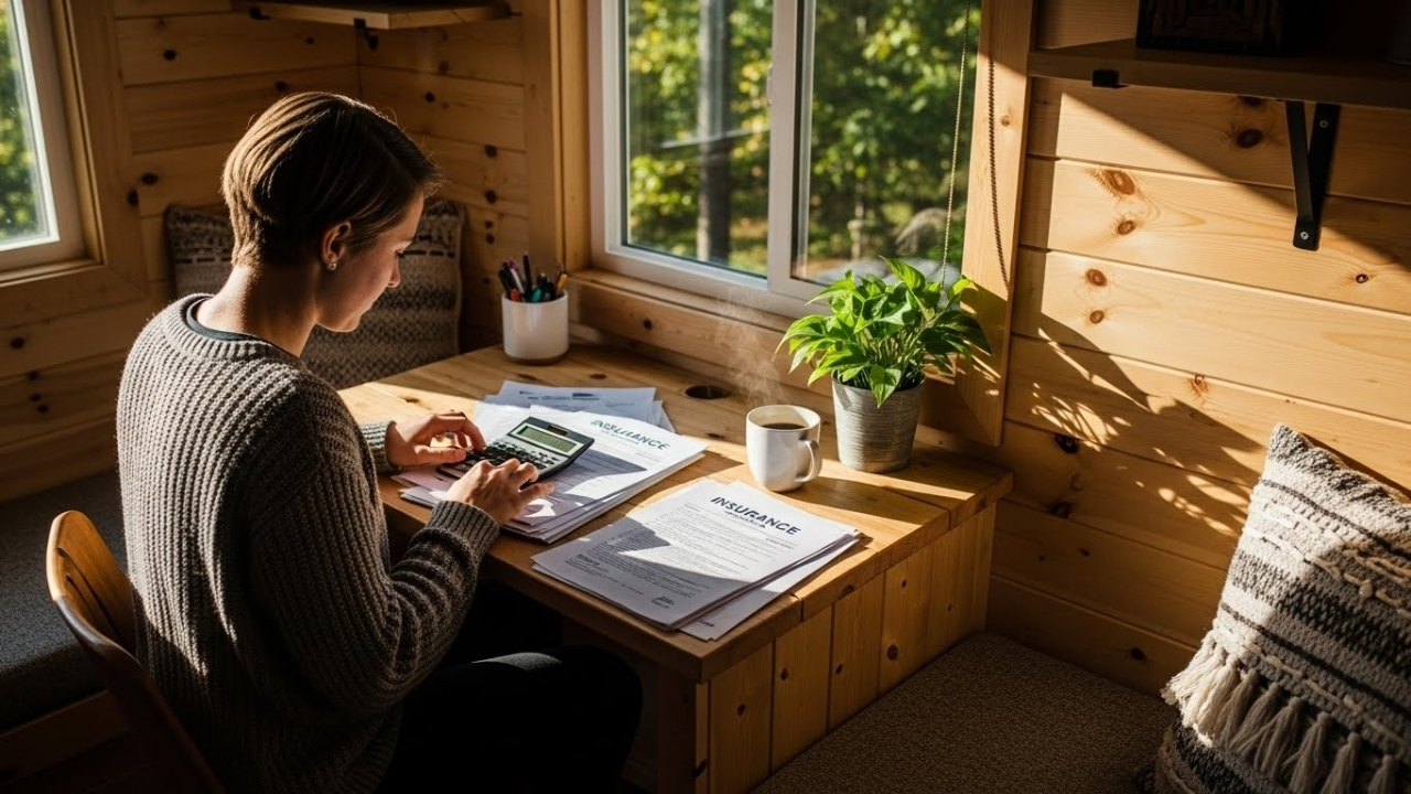 A person sitting at a small wooden desk inside a tiny house, looking at papers and a calculator.