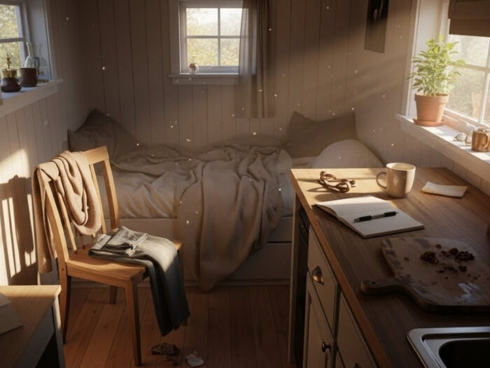 Real life inside a tiny house: messy but cozy morning routine.