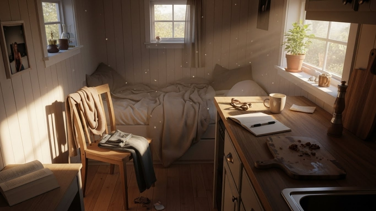 Real life inside a tiny house: messy but cozy morning routine.