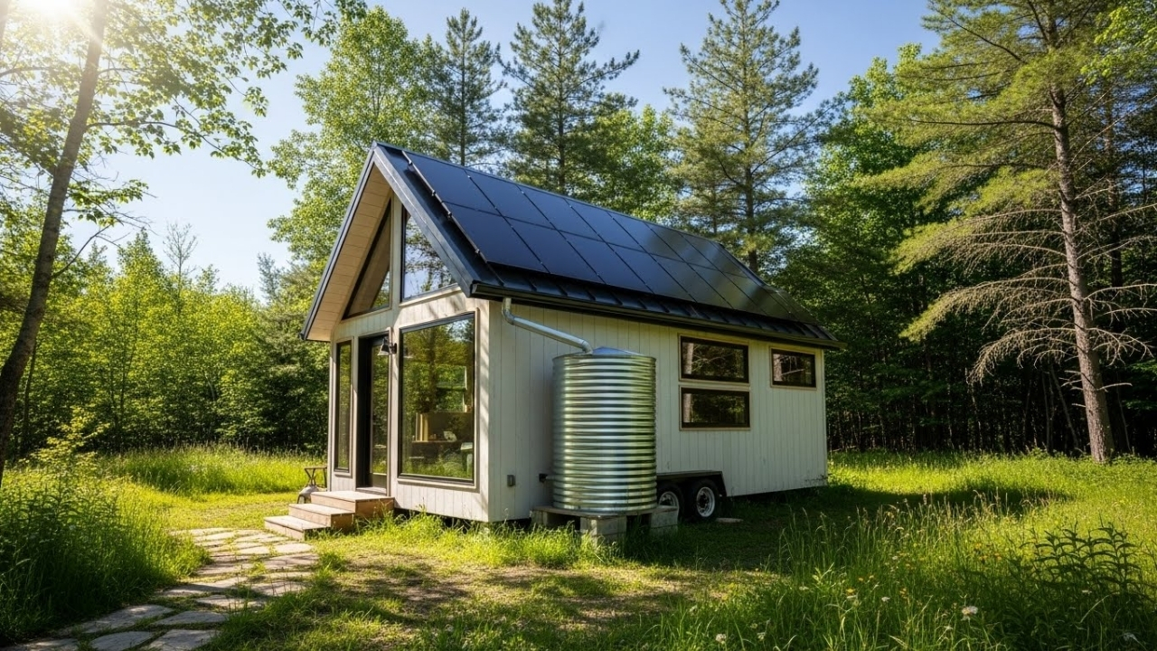 A scenic view of a modern tiny house in a forest clearing. There are solar panels on the roof and a rainwater collection tank on the side. The sun is shining brightly.